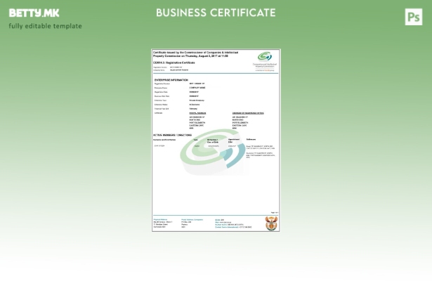 Модерен стил шаблон за потврда за регистрација во Јужна Африка